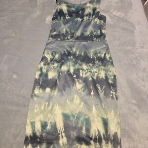Joseph Ribkoff Satin Blue and Green Tie-Dye Midi Dress